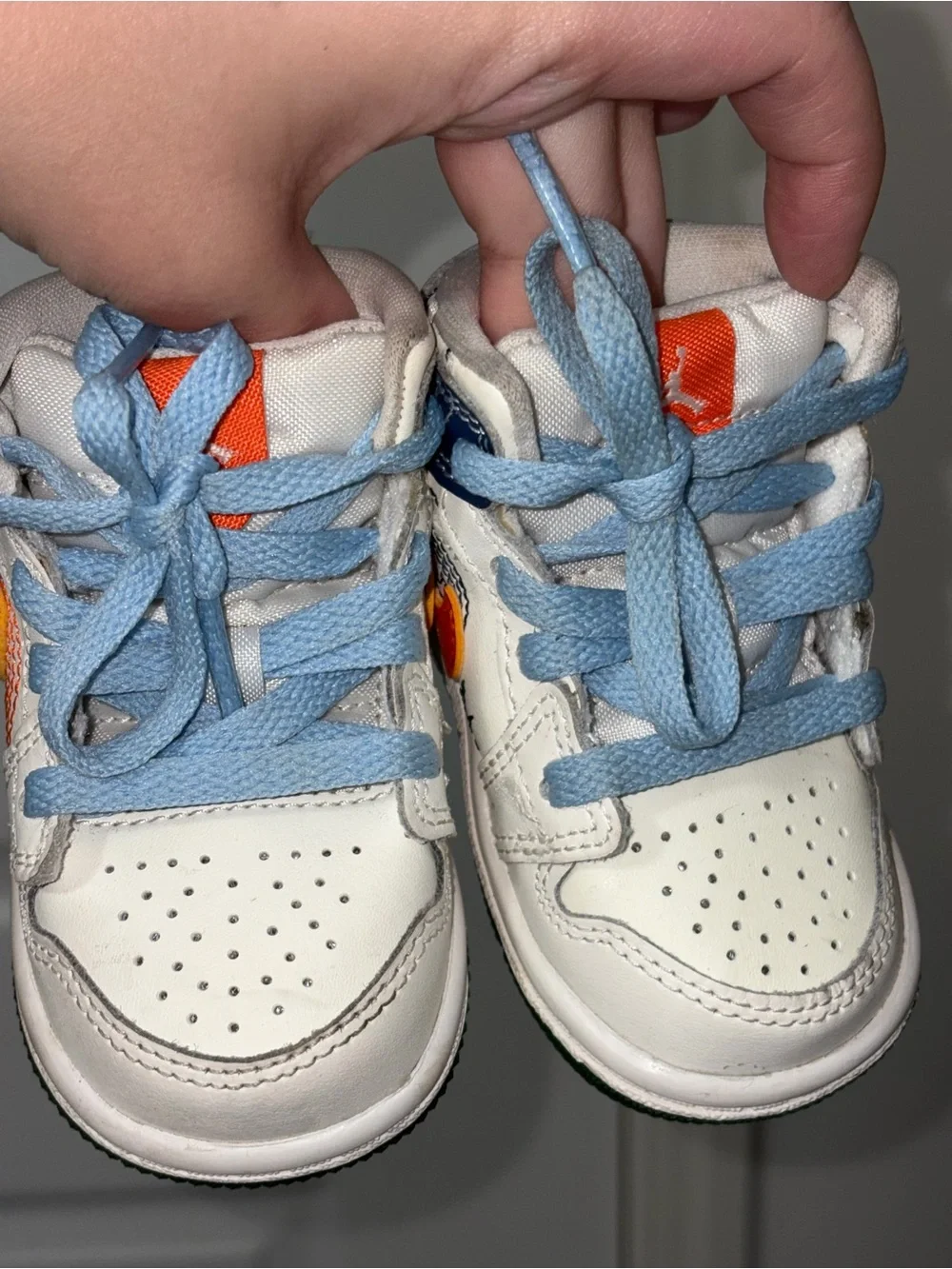 Jordan Kids White, Orange & Green High-Top Sneaker with Light Blue Accents